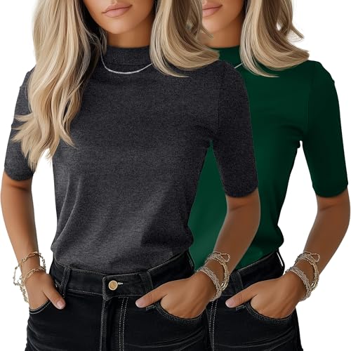 トップス andequal docking hem tops Ficerd 2 Pack Women's Mock Turtleneck T Shirts, Half Sleeve